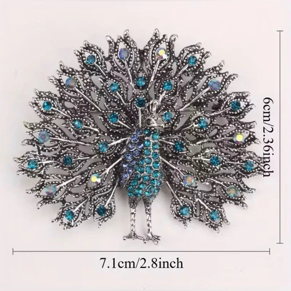 Peacock Rhinestone Encrusted Brooch Modern New Silver Tone - Picture 3 of 5